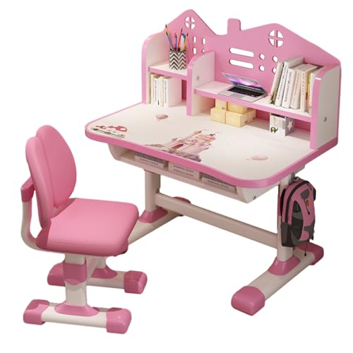 Reheyre Juego de escritorio y silla para niños, altura ajustable, escritorio ampliado, mesa de estudio con patrón de dibujos animados, mesa de estudio con cajón, escritorio infantil para volver a la