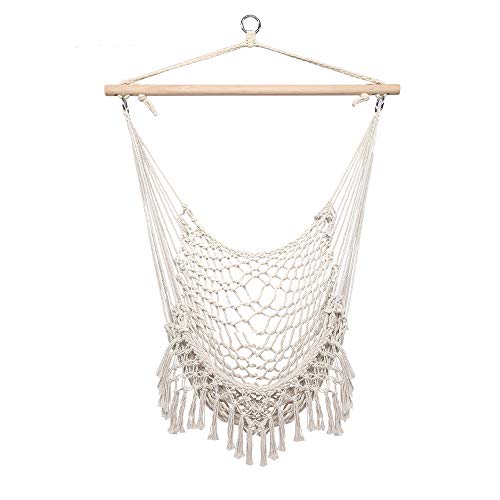 Lovinland Portable Hammock Net Chair with Tassels, Cotton Hanging Rope Cradle Chair Swing Chair Sky Chair Beige Indoor Outdoor Hammock