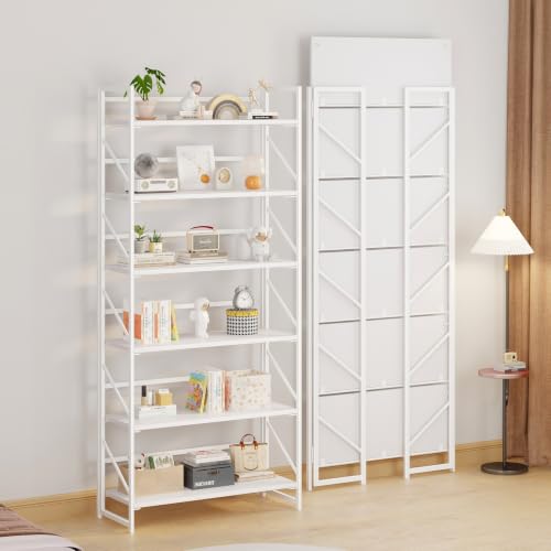 Image of JSB 6 Tier No Assembly Folding Bookshelf, 30.7 inch Wide Foldable Storage Bookcase for Home Office, Space-Saving Storage Shelf for Living Room (All White)