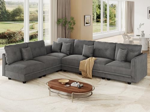 Image of LLappuil Corduroy Modular Sofa Set, 6-Seater Reversible L-Shaped Sectional Couch with Storage, Soft Fabric for Cozy Living Room, Apartment, Included Back Cushions & Throw Pillows, Grey