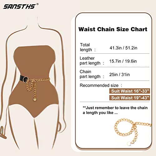 Sansths Women Chain Belt, Skinny Faux Leather Waist Belt With Gold Alloy O -Ring Pin Buckle For Dress Summer S,Black #TOP4