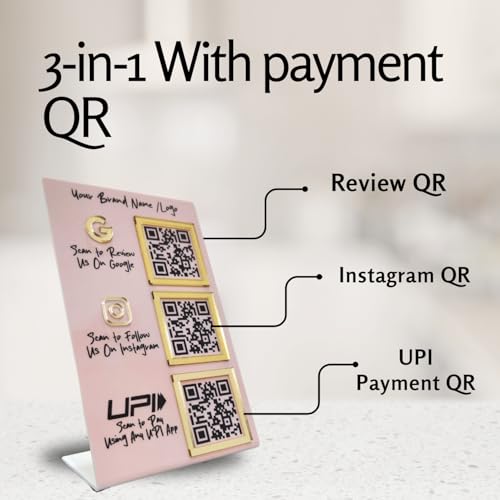 Image of Custom Combo 3-in-1 Standee | QR Enabled | Connect Review, Instagram, UPI QR | 5x8 Inch Golden Premium With 3 QR