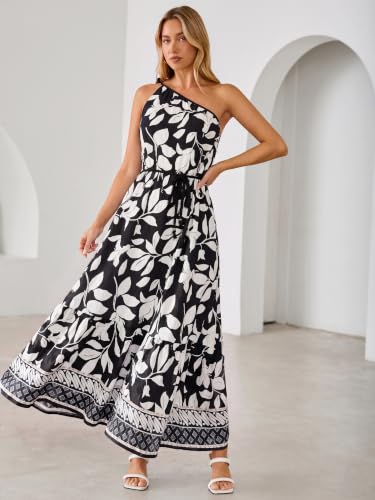 Glamaker Womens Summer One Shoulder Maxi Dress Casual Sleeveless Printed Flowy Boho Beach Long Sundresses Vacation Clothes Black Beige — view 5