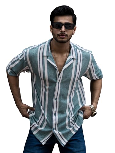 Image of Maniac Mens Striped Collar Neck Half Sleeve Jacquard Oversized Shirt
