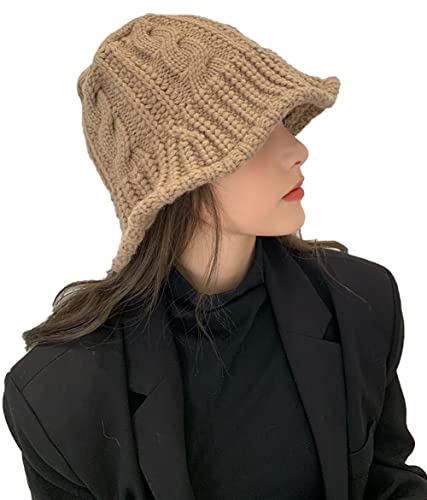 Amerstar Plain Lamb Wool Knit Bucket Hat For Women Warm Wide Brim Cable Twist Pattern Fisherman Caps(22.82In), 4White #TOP3