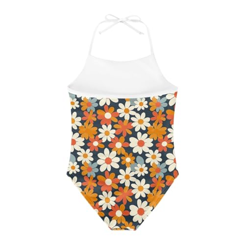 Image of KiuLoam Orange Pink Tropical Leaf Girls One Piece Swimsuit Quick Dry Beach Swim Bathing Suit for 3-8 Years Little Girls