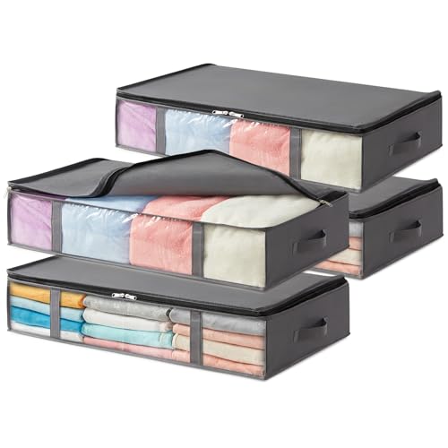Lifewit 4 Stück 65L Unterbett Aufbewahrungsbox, Faltbare Unterbettkommode Aufbewahrungstasche Storage Boxes mit Deckel, Unterbett Aufbewahrung für Kleider Unterbett Kleiderschrank, Grau