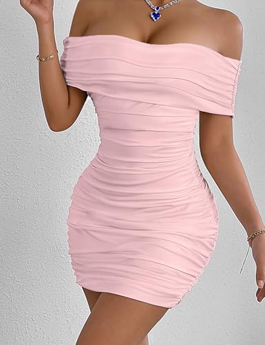 Image of Womens Off Shoulder Sleeveless Bodycon Dresses Ruched Solid Sexy Graduation Cocktail Party Mini Dresses