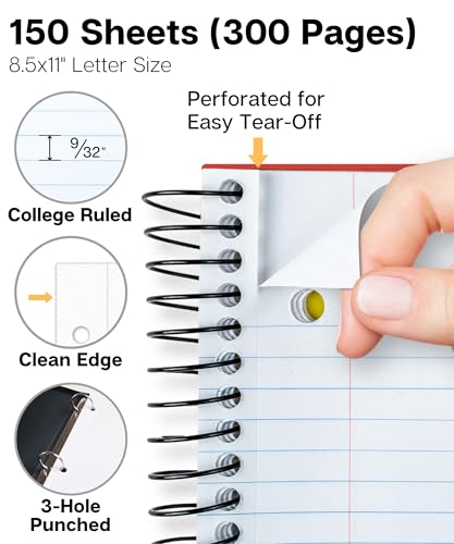 Image of Dunwell 3-Subject Spiral Notebook College Ruled 8.5x11 (Red), 150 Sheets (300 Pages), Tabs, Color Movable Divider Pockets, Protective Plastic Covers, 3-Hole Punched Tear-Off Paper