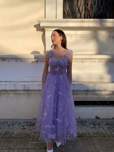 3D Butterfly Tulle Prom Dresses Tea Length Lace Appliques Embroidery A Line Formal Evening Party Gowns with Pockets4