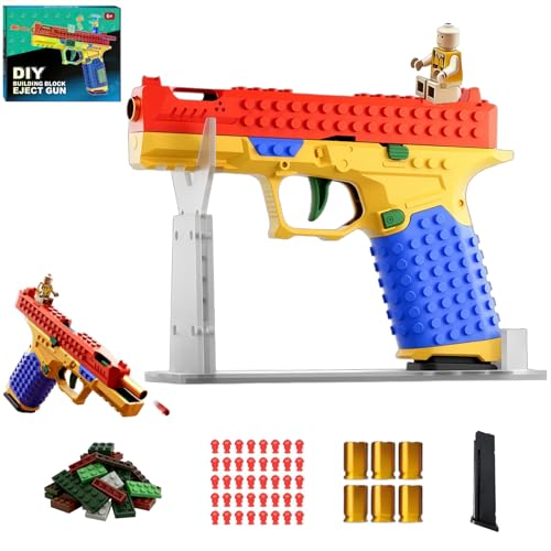 G FIRING Building Block Toy Gun Automatic Shell Ejecting Blaster with DIY Fun Fits Most Building Brick Systems Includes Figurines & Display Stand Suitable for 14+
