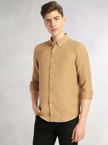 Image of Thomas Scott Men's | Solid | Textured Fabric | Full Sleeve | Slim Fit | Polyester-Blend | Spread Collar | Casual Shirt
