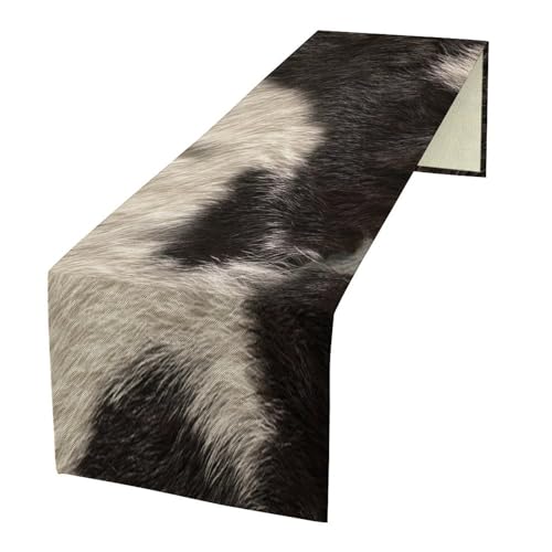 FengMingRui Cowhide Table Runner Black and White Milk Cow Western Style 3D Cow Fur Skin Texture Table Runner for Living Room Kitchen Dining Table Decoration 13x36in