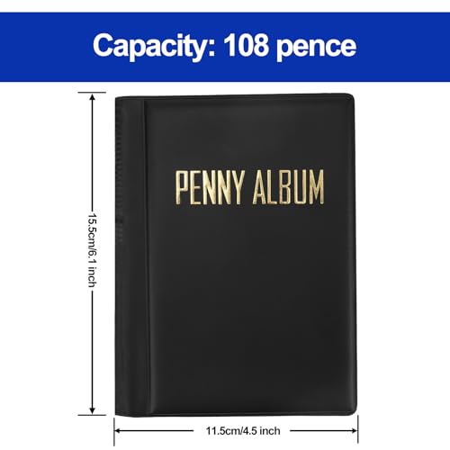 Sammelalbum für Gepresste Pennys, 15,5x11,5cm Platz 108 Münzen Tragbares Penny-Album und Halter aus PVC für Reisen und Zuhause (Schwarz)