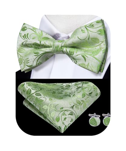 Image of Hi-Tie Pretied Bow Ties for Men Wedding Formal Bow Tie Handkerchief Cufflinks Lapel Pin Set Party Formal Mens Bowtie Set, Light Green Floral, Medium