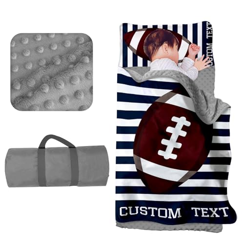 Custom Toddler Nap Mat for Daycare Sleeping Bag for Boys, Kids Nap Mats with Pillow Blanket for Preschool Kindergarten, Personalized Name Easy Carry Nap Sack Navy Stripe Football