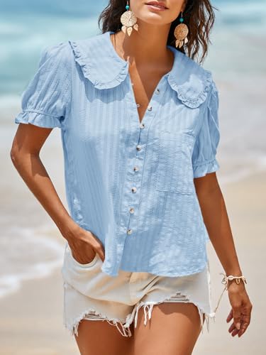 Image of Tankaneo Womens Puff Sleeve Shirts Peter Pan Collar Button Down Cotton Blouse Casual Summer Textured Tops