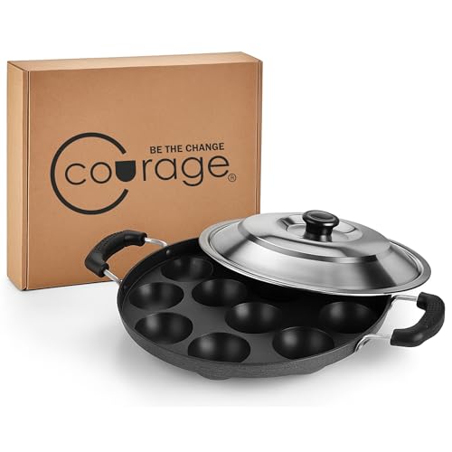 Image of Courage Non-Stick Appam Pan with 12 Cavities & Stainless Steel Lid | Appam Pan with Double Handle | Appam Maker | Litti Pan | Appam Pan | Dishwasher Safe (1, Black)