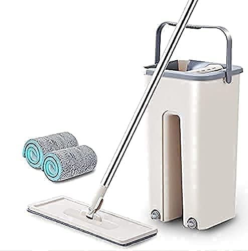 HOLIVE Floor Mop with Bucket, Flat Squeeze Mop Bucket System Cleaning Supplies 360° Flexible Mop Head/ 2 Reusable Super-Absorbent Microfiber Pads,Home Floor Cleanerr(WHITE) (WHITE)