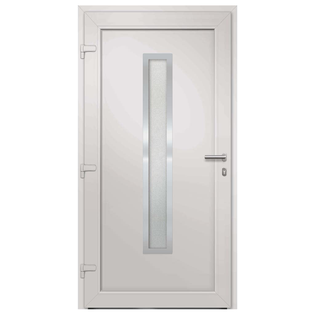 Drzwi wejściowe, białe, 98 x 200 cm, z progiem aluminiowym, zawiasy 3D, 5 blokad głowicy grzybkowej, szyba chroniąca przed ciepłem ISO, blokada wielokrotna, kompletny zestaw do montażu