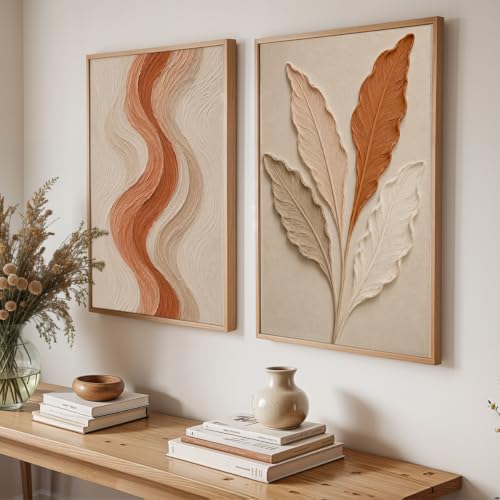 Image of NoWorries Textured Leaf Wall Painting Set of 2 with Frame | Terracotta Beige Abstract Line & Botanical Leaf Artwork, Modern Neutral Nature Wall Decor for Living Room, Bedroom, Office and Home Decoration (Art-2, 10x13inch)