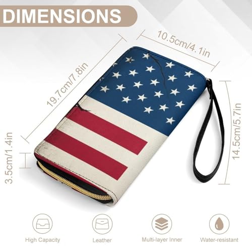 Women's High Capacity Travel Wallet, Water-resistant, ID Pockets, Multiple Card Slots, American Usa Flag Crack2