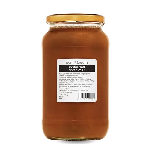 Earthbreath Buckwheat Raw Honey 1.4kg - Pure, Dark, Unpasteurised, Unfiltered and Natural Honey - Natural Healthy Sweetener for Cooking, Tea, Coffee, Milk, Juice, Hot and Cold Drinks