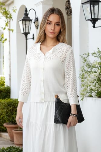 Image of Women's Lightweight Crochet Cardigan Sweater Open Front Knit Lace-Up Cover Up Casual Spring Fall Chic Outerwear Tops 23 White S