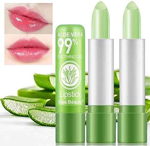2 Pack Aloe Vera Lipstick, Firstfly Long Lasting Nutritious Lip Balm Lips Moisturizer Magic Temperature Color Change Lip Gloss (Green)