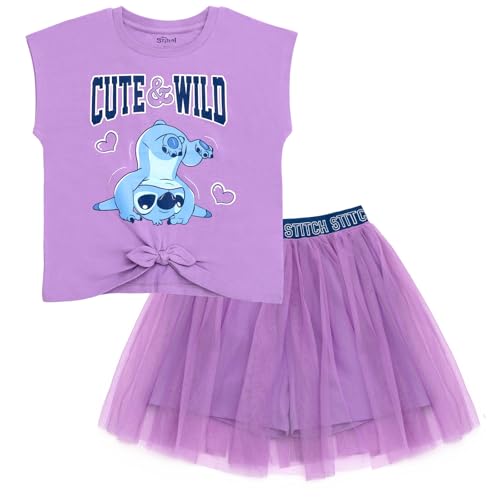Disney Lilo & Stitch Big Girls Boxy Drop Shoulder T-Shirt and Mesh Tulle Skort Lavender Stitch 14-16