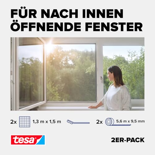 tesa Pollenschutzgitter im 2er Pack- zuschneidbarer, transparenter Pollenschutz für Allergiker - für nach innen öffnende Fenster - inkl. selbstklebendem Klettband - Anthrazit - 2x 130 cm x 150 cm