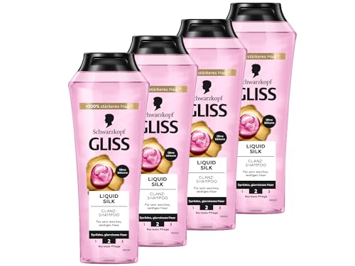 Gliss Kur Gliss Champú Liquid Silk (4 x 250 ml) con ceramidas y seda, champú brillante para cabello quebradizo y opaco alisa la superficie del cabello