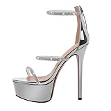 Richealnini Large Size Platform Sandals with Rhinestone Heel Buckles - Open Toe Stilettos, Strappy Heel, Super Sky High Heels for Women & Girls - Silver Heels, Size 15