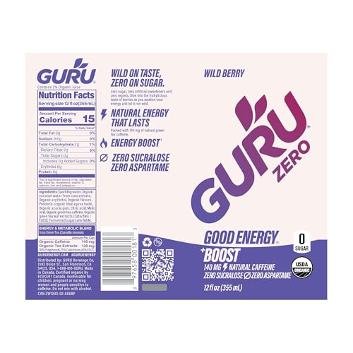 Image of GURU Zero Sugar Energy Drink, Wild Berry Organic Sparkling Energy Drink with 140 MG Natural Caffeine & Coconut Water for Workouts, Performance & Midday Boost, Gluten Free, Vegan, 12 Fl Oz, 24 Pack