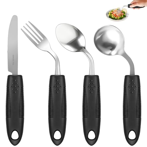 2.9oz Weighted Silverware for Hand Tremors 45Angled Adaptive Utensils for Elderly4 Pack Parkinsons Utensils Aids for Weak Hand Grip Arthritis (Right-Handed)
