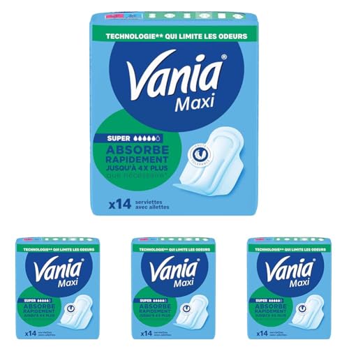 Vania | Serviettes Maxi Confort Super Plus (boîte de 14 pièces) – Serviettes avec forme anatomique et cœur bombé absorbant – Protection hygiénique avec voile extra doux (Lot de 4)