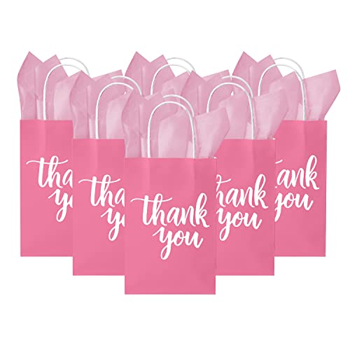 DjinnGlory 100 Pack Small Sized White Thank You Paper Kraft Gift Bags with Handles 9x5.5x3.15 Inch for Business Graduation Birthday Wedding Bridal Baby Shower Party Favors Goodies
