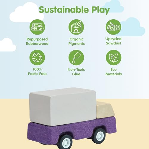 Image of PlanToys Purple Delivery Truck Wooden Montessori Vehicle Toy | Early Movement, Imagination and Practical Life Exploration | Eco Friendly Truck for Indoor and Outdoor Play