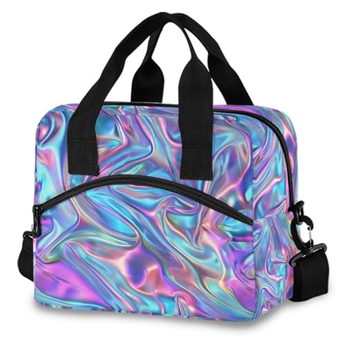 Holographic Purple Pattern Lunch Bag, Insulated Lunch Tote Bags Cooler Reusable Lunch Box Food Container with Adjustable Shoulder Strap for Women Men Adults