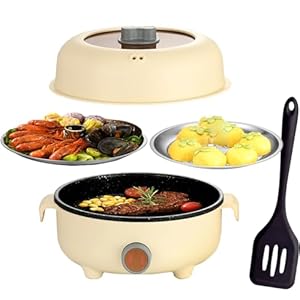RHD Electric Hot Pot 2.2L with 2 Steamers, Portable Non-Stick Frying Pan, Portable Travel Cooker for Ramen/Steak/Fondue/Soup for Dorm/Camping/Home, Dual Power Control, Over-Heating Protection, khaki