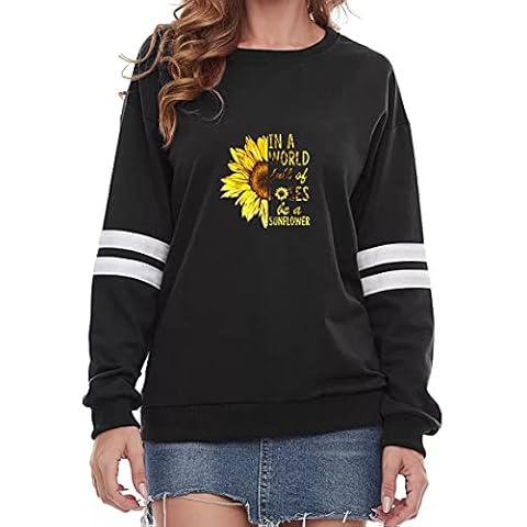 Womens Long Sleeve Crewneck Sunflower Striped Sleeve Fleece Pullover Hoodies and Sweatshirts, Black, Large Cover