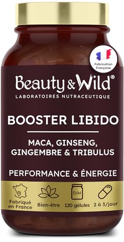 Libido - Complément Alimentaire Maca, Gingembre, Ginseng, Tribulus, Citruline, Arginine - Améliore la Libido, Performance, Énergie, Musculation, Stimule la testostérone, 120 gélules, Beauty&Wild
