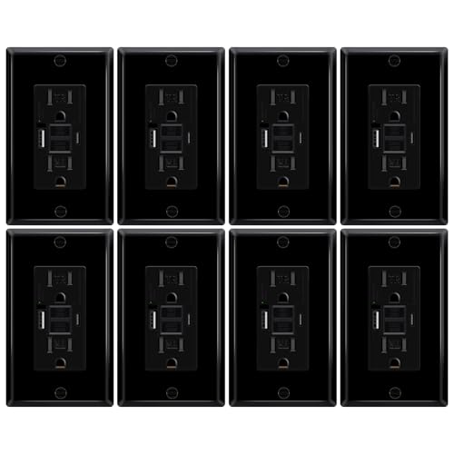 8 Pack Black 15A GFCI Outlet with USB Ports(Type A &amp; C, 4.8A/24W Total Output), GFI Electrical Outlet with 2 USB Charging Ports- Self-Test Tamper-Resistant with LED Indicator, ETL Listed