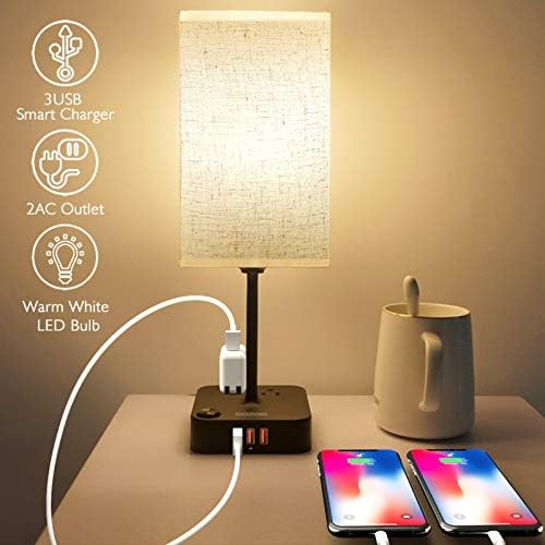 cozoo USB Bedside Table Desk Lamp with 3 USB Charging Ports and 2 Outlets Power Strip,Black Charger Base with White Fabric Shade, LED Light for Bedroom/Nightstand/Living Room/Dorm/Home Office/College