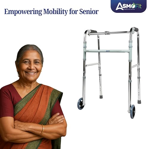 Image of ASMOFIT Foldable Walker with Wheels - Lightweight, Adjustable Height, Sturdy Frame for Elderly Support, Easy Mobility Aid for Seniors