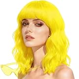 LOHO WONDERZ Wavy Wig and Sunglasses Set - 15 Inch Wavy Wig With Bangs - Heat Resistant Shoulder Length Curly Bob Wigs for Women - Bachelorette Party Costume Cosplay (Yellow)