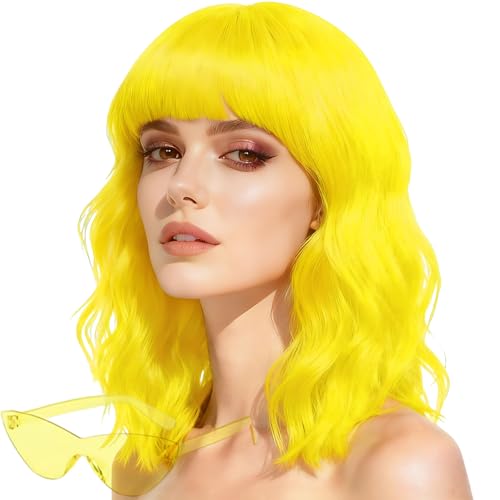 LOHO WONDERZ Wavy Wig and Sunglasses Set - 15 Inch Wavy Wig With Bangs - Heat Resistant Shoulder Length Curly Bob Wigs for Women - Bachelorette Party Costume Cosplay (Yellow)