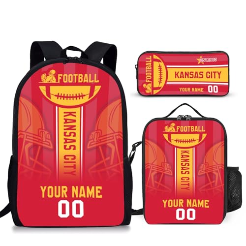 Custom Kansas City Backpack Lunch Bag Pencil Case 3pcs Bag Set Personalized Name Number Fan Gifts for Girl Boy Men Women