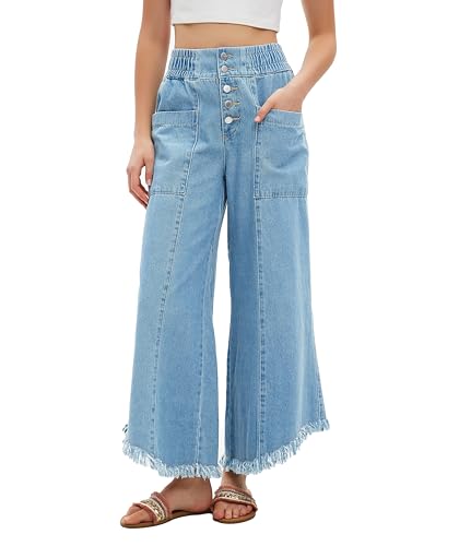 Women's Cropped Wide Leg High Waisted Baggy Jeans Raw Hem Button Closure Denim Pants with Pockets