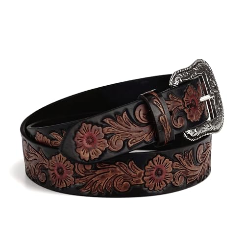 ARIAT Women's Floral Design Leather Belt w/Antique Silver Buckle2